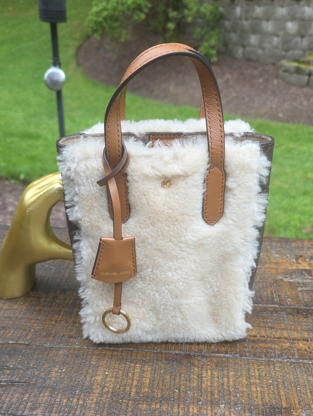 Michael Kors Cream Shearling Mini Tote with Tan Leather Trim